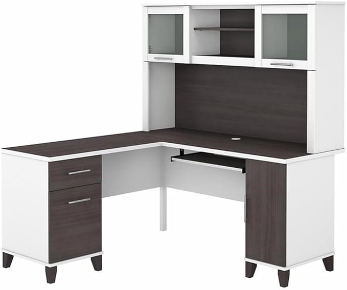 Pemberly Row 60W L Shaped Desk with Hutch White and Storm Gray Finish Engineered Wood Keyboard Tray Storage Cabinet File Drawer Adjustable Shelf Home Office Furniture