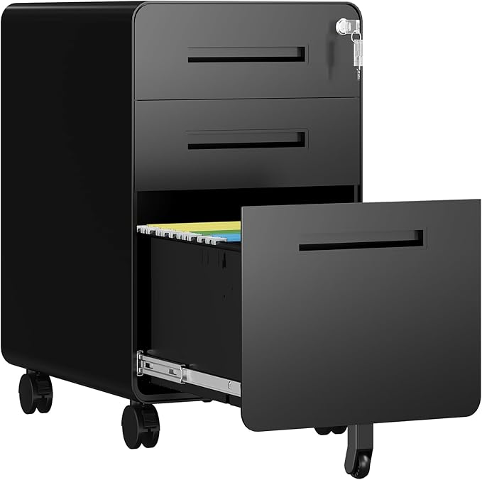 3 Drawer File Cabinet Fully Assembled Mobile File Cabinets with Lock for Home Office Metal Rolling Filing Caninet on Wheels Three Drawer Under Desk Cabnet for Letter/Legal / A4 - Black
