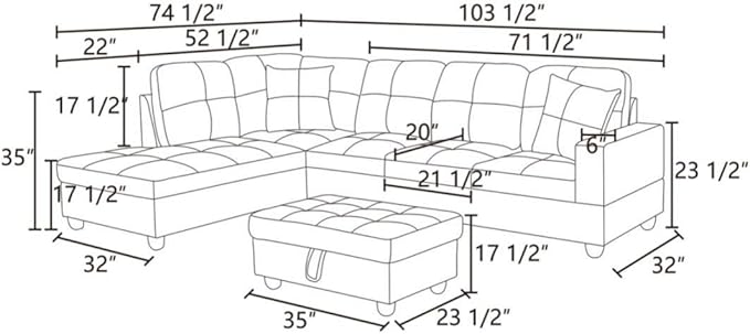 L-Shaped 3-Piece Linen Sofa with Storage Ottoman Set Sectional Couch Sofa Set for Living Room Office Small Space Grey