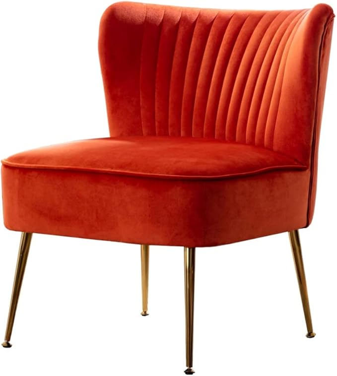 Mid Century Design Lounge Chair Living Room Accent Chair Vertical Channel Tufting Iconic Silhouette |Accent Barrel Side Arm Chair | Wood Frame Flared Gold-Finished Metal LegsOrange Tangerine Color