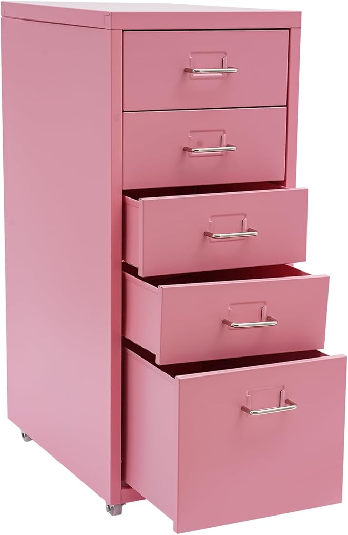 5 Drawer File Storage Cabinet 27 Inch Metal Freestanding Office File Cabinet Drawer Organizer with Wheels Mobile Vertical Storage Cabinet for Bedroom Living Room Office Study (Pink)