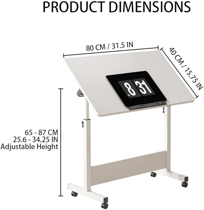 Small Standing Desk Foldable Stand Up Desk with Wheels Mobile Computer Table Adjustable Height Desktop Sit Stand Table Workstations for Small Spaces and Home Offices(White)