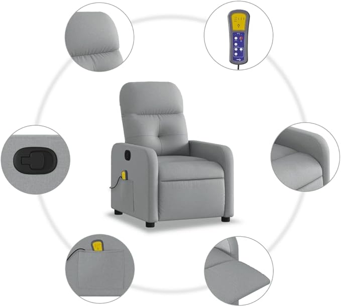 vidaXL Light Gray Fabric Massage Recliner - Manual Recline Armchair for Elderly 6-Point Vibration Comfort Padding Living Room Seating