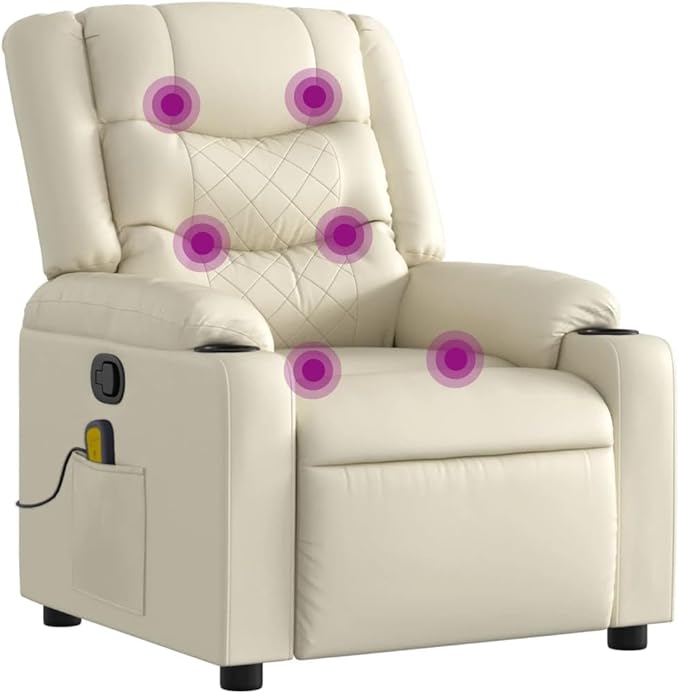 vidaXL Cream Faux Leather Massage Recliner Chair - Manual Reclining Armchair with Vibration Massage &amp Cup Holders for Living Room Lounge