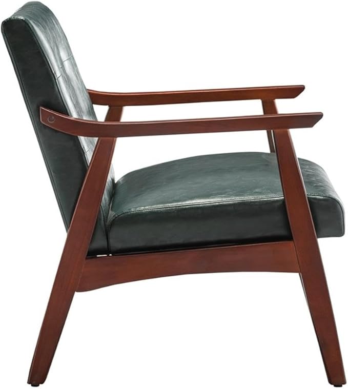 Pemberly Row Accent Chair 28.5 x 27.5 x 31 in Green Faux Leather Upholstery Solid Rubberwood Espresso Frame Button-Tufted Mid-Century Modern Seating for Living Room or Home Office