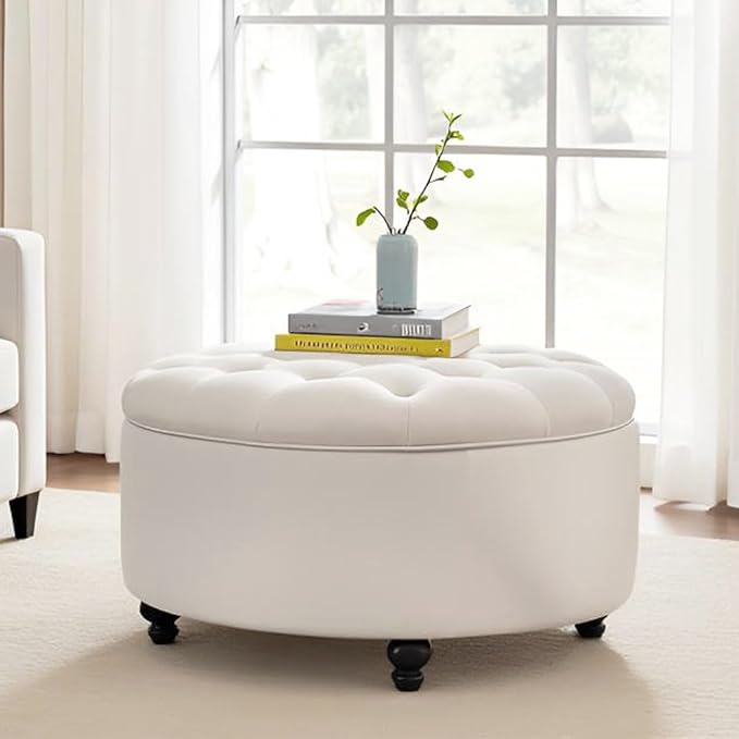 HUIMO 30-Inch Round Storage Ottoman Modern Button Tufted Coffee Table with Removable Top Upholstered Ottoman with Storage Footrest Stool for Living Room Bedroom and Office(Ivory)