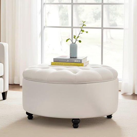 HUIMO 30-Inch Round Storage Ottoman Modern Button Tufted Coffee Table with Removable Top Upholstered Ottoman with Storage Footrest Stool for Living Room Bedroom and Office(Ivory)