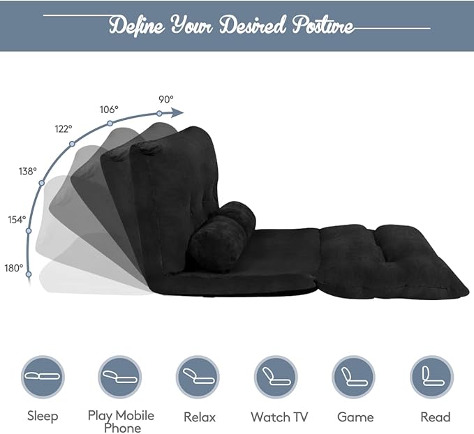 Giantex Adjustable Floor Sofa Couch with 2 Pillows Multi-Functional 6-Position Foldable Lazy Sofa Sleeper Bed Multi-Functional Suede Floor Seating for Reading Gaming (Black)