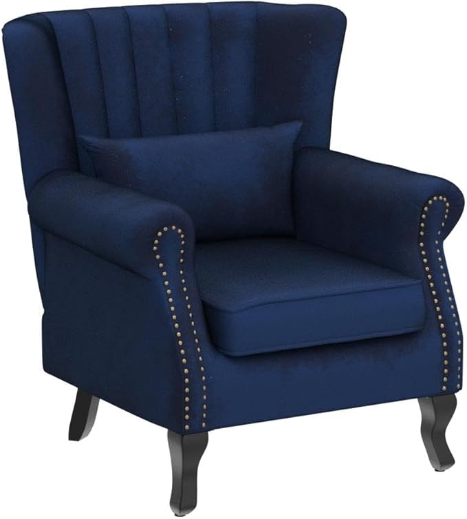 Mid Century Modern Accent Chair Upholstered Armchair Comfy Velvet Fabric Single Sofa with Lined Wingback for Small Spaces Bedroom Living Room Velvet Blue 30.1D x 30.5W x 35H in