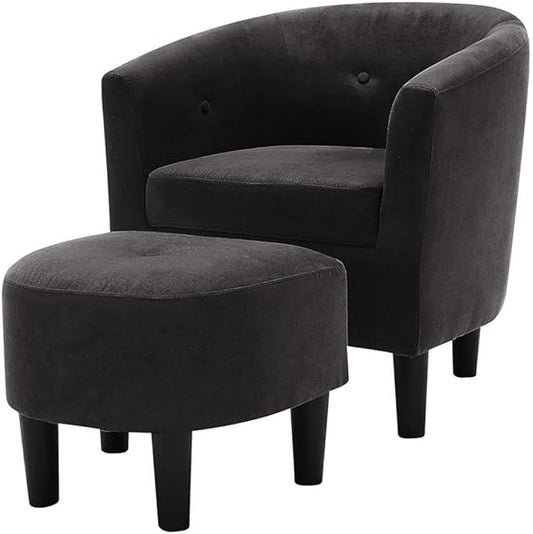 Devion Furniture 57 H Transitional Polyester Fabric Upholstered Button Tufted Accent Chair with Ottoman Easy Assembly for Living Room/Home Office in Dark Gray &amp Black Finish