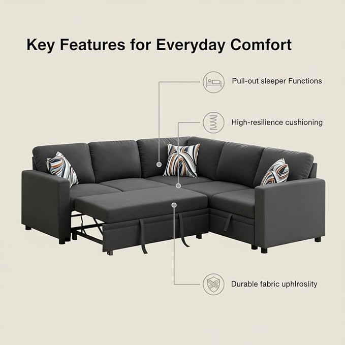 Sectional Sleeper Sofa with Pull Out Bed L Shape Convertible Couch with Storage Chaise Comfy Sleeper Couch 2 in 1 Pull Out Sofa Bed with 5 Seats for Living Room Apartment Black Gray