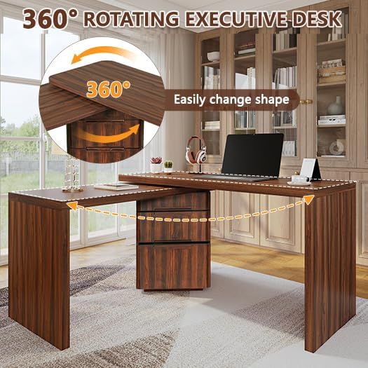 Merax Home Office Desk L Shaped with 3 DrawersWooden Rotating 90 Large DeskExecutive Office WorkstationCorner Work Table for Study WritingWalnut