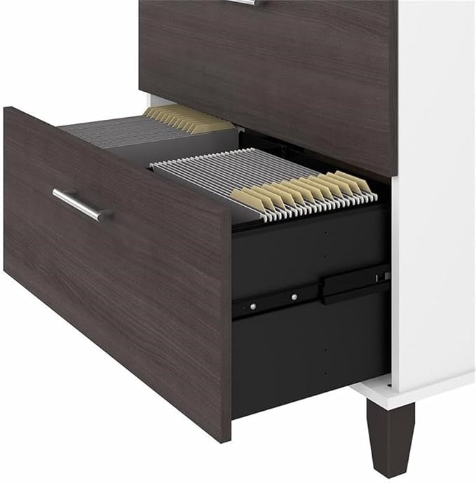 Pemberly Row 2 Drawer Wood Lateral File Cabinet White and Storm Gray Finish 30W x 17D x 29H Full-Extension Ball Bearing Slides Transitional Style Home Office Storage Furniture for Documents