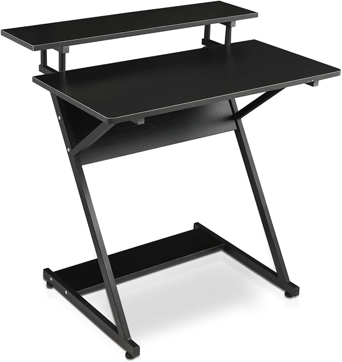 Athena Collection Gaming Desk Z-Shaped Computer Desk with Shelves Small Desk Standing Desk Gaming Table Metal Frame Wood Writing Desk for Bedroom Office Living Room Black