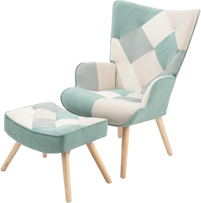Living Room Chair and Footstool Set Comfortable Side Armchair in The Bedroom with a Creative Patchwork Fabric Surface. (Blue + Solid Wood)