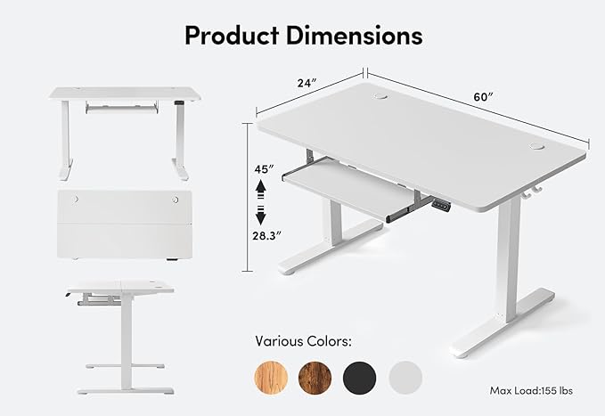 BANTI 63 x 24 Height Adjustable Electric Standing Desk with Keyboard Tray Sit Stand up Desk with Splice Board White Frame/White Top