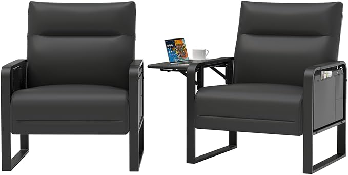 Modern Accent Chair Set of 2 Mid Century Armchair with Side Table &amp Metal LegsUpholstered Faux Leather Sofa Side Chairs for Living Room Reading OfficeBedroom(Black)