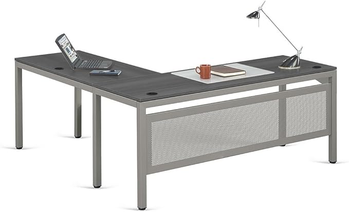 NBF Reversible L Shaped Executive Office Desk - Durable Espresso Laminate Computer Desk with Steel Frame - Modern Desk with 3 Grommet Holes - 60 W x 60 D Work Desk for Home (Brown)