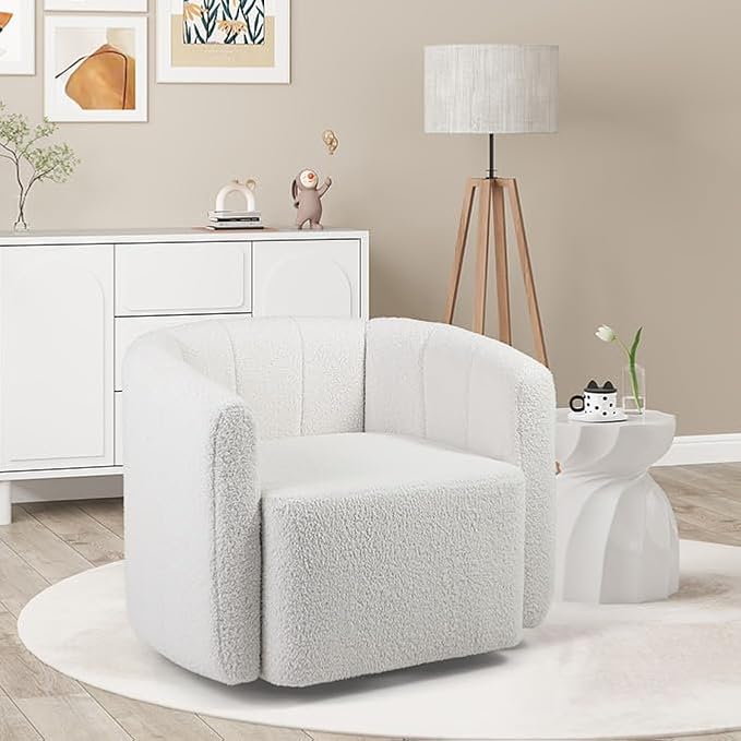 KOMFOTT Swivel Barrel Chair Set of 2 Sherpa Fabric Accent Chair with Curved Backrest &amp Armrests Upholstered Armchair with Wide Seat Pumpkin Shaped Single Sofa Chair for Living Room Bedroom Wh