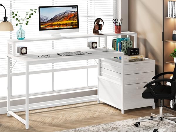 Tribesigns 63 Inch Computer Desk with File Drawer Cabinet Ergonomic Office Desk with Monitor Stand Computer Table with Printer Space Wood PC Table Workstation Desk for Home Office White