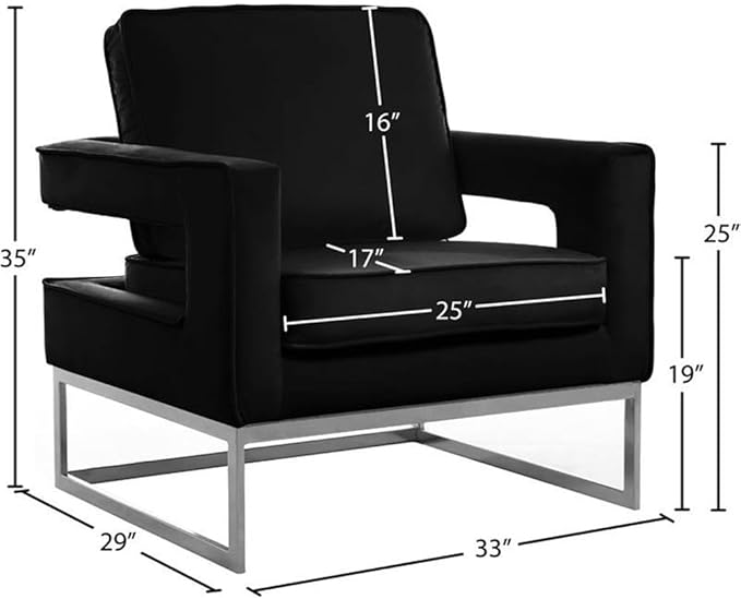 Pemberly Row Contemporary Upholstered Black Velvet Accent Chair Solid Wood Frame Chrome Iron Legs High-Density Foam Padding Comfortable Design 33.5 W x 29.5 D x 35.5 H Stylish Seating for