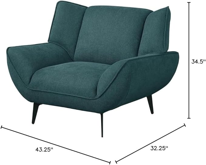 Pemberly Row Mid-Century Wing Back Accent Chair Teal Fabric Upholstery 32.25H x 43.25W x 34.5D Black Metal Legs Foam Cushions Stylish Modern Lounge Seating for Living Room or Compact Spaces