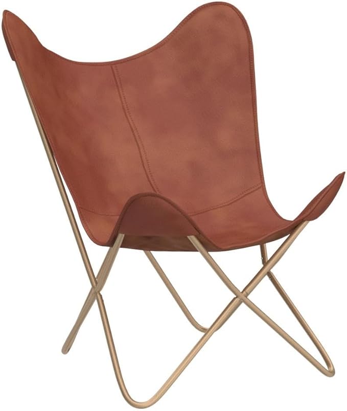 Shy Shy Let’s Touch The Sky Leather Living Room Chairs-Butterfly Chair Brown Leather Butterfly Chair-Handmade with Powder Coated Iron Frame (Cover with Folding Frame) (Golden Frame)