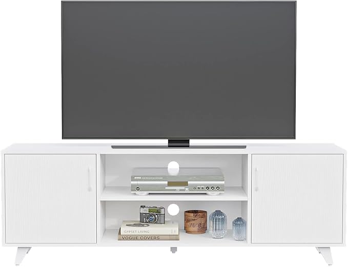 Panana TV Stand Entertainment Center with 2 Doors and 2 Cubby Storages Cabinets for up to 65 inch for Living Room Bedroom (White 53.5 inch)