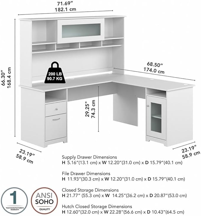 Pemberly Row 72W L-Shaped Computer Desk with Hutch Engineered Wood White Finish Built-in Wire Management Storage Cabinet File Drawer Adjustable Shelves Home Office Desk with Stable Design