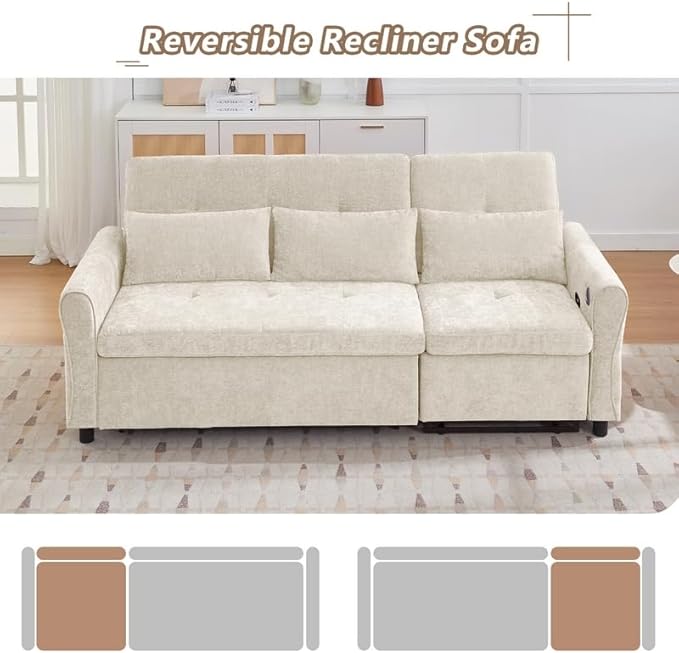 Polibi 2-in-1 Convertible Sofa Bed &amp Recliner - 3-Position Adjustable Backrest (105°-180°) Reversible Design Dual USB Ports 82 Wide Beige