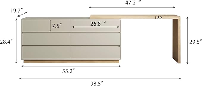 Modern Expandable L-Shaped Corner Vanity Desk with 6 Drawers Adjustable Computer Table for Home Office Study Writing Gaming and Bedroom Makeup Beige 56-98.5 ″