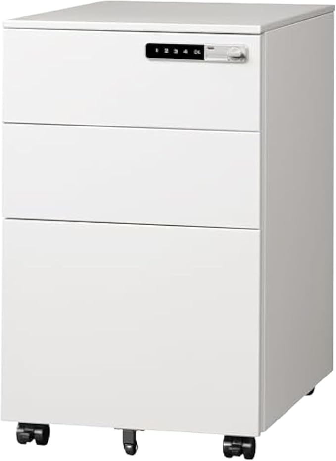 Mobile File Cabinets 3 Drawer File Cabinet W/Combination LockFully Assembled Metal Filling Except Wheels Mobile Under Cabinets(White)