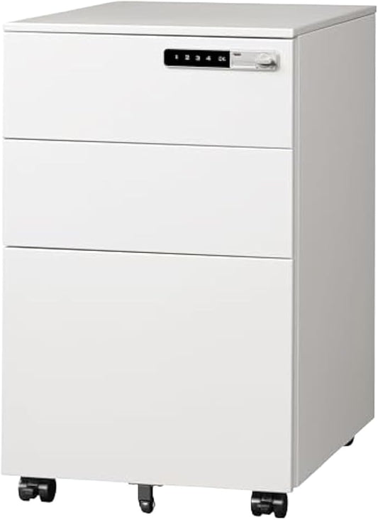 Mobile File Cabinet 3 Drawer File Cabinet W/Combination LockFully Assembled Metal Filling Cabinet Except Wheels Mobile Under File Cabinets(White)