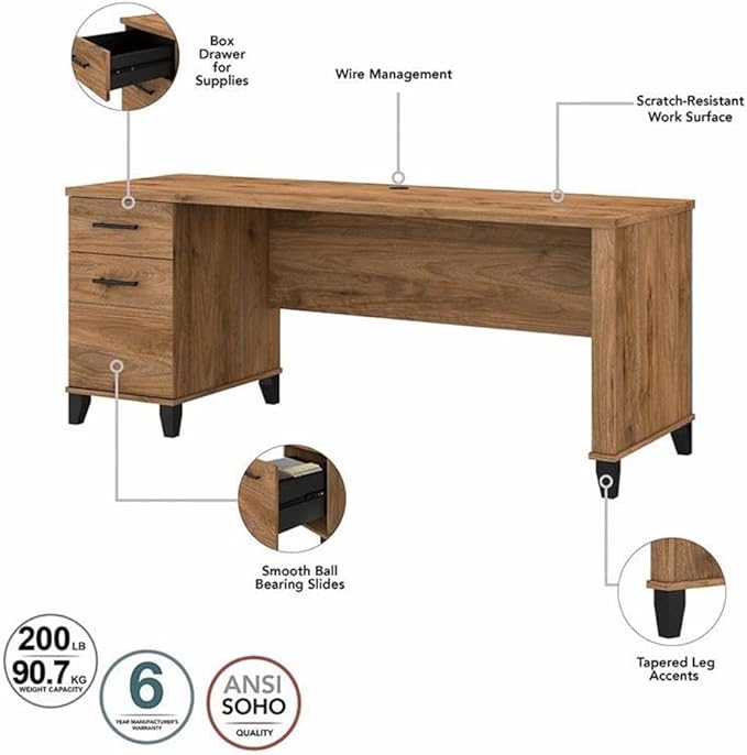 Pemberly Row 3 Position Sit to Stand L Shaped Desk 71W x 66D Engineered Wood Fresh Walnut Finish Lift-n-Lock System Wire Management File and Box Drawers Ergonomic Home Office Desk
