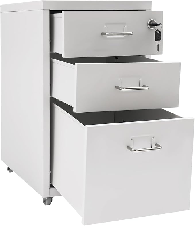 File Cabinet 3 Drawer Mobile Metal Storage Cabinets with Lock and Wheels Vertical Filing Cabinet Under Desk Document Classification Organizer for Office Home Study Dresser (White)