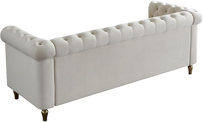3 Seater Chesterfield Button Tufted Velvet Sofa Wide Upholstered Couch with Rolled Arms Removable Cushions Metal Legs for Living Room Office Apartment (Beige)