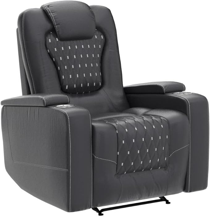 ANJ Power Recliner Chair Set of 3 Electric Soft Faux Leather Reclining Home Faux Theater Seating - USB Ports Cup Holders Hidden Arm Storage Movie &amp Media Room Chairs (Black)
