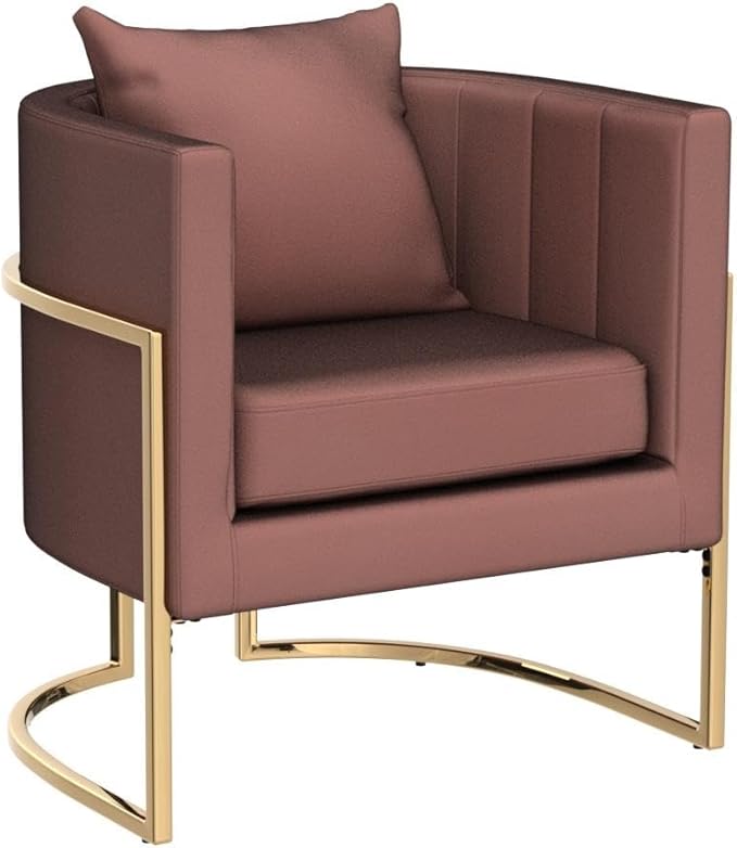 Velvet Modern Accent Chair Upholstered Barrel Armchair Mid Century with Pillow for Living Room Comfy Single Vanity Chair with Metal Gold Legs for Bedroom Pink