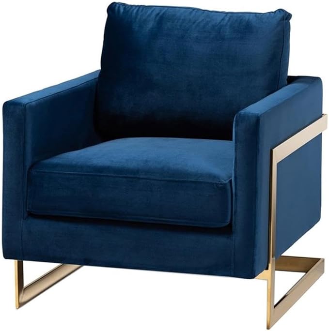 BOWERY HILL Velvet Accent Chair Royal Blue Upholstery Gold-Tone Stainless Steel Frame 34.3 H x 31.5 W x 33.9 D Removable Cushions Glam Modern Style Armchair for Living Room or Lounge Use
