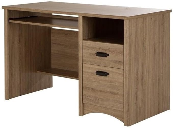 BOWERY HILL 2-Drawer Wood Computer Desk Rustic Oak Finish 47.5 in Wide 30.625 in High Antique Bronze Pewter Handles Keyboard Tray File Storage Country Style Home Office Desk