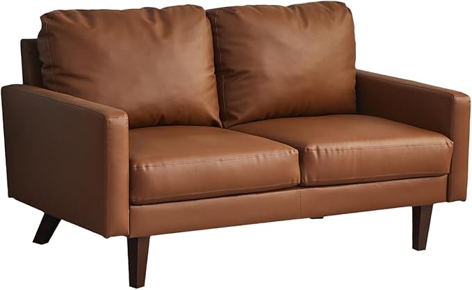 Faux Leather Loveseat Mid-Century Modern Sofa with Wooden Legs for Living Room Office-Brown