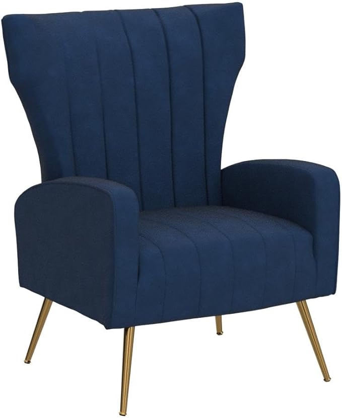 Modern Velvet Accent Chair Channel Tufted Bedroom Office or Living Room Furniture with Elegant Metal Legs 26 Wide Armchair Blue