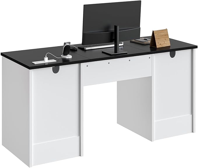 Bestier 59” Office Desk with Lockable Drawers Modern Computer Desk with File Drawer Charging Station &amp Drop-Front Keyboard Drawer Executive Desk with Storage Cabinet for Home Office &amp Studi