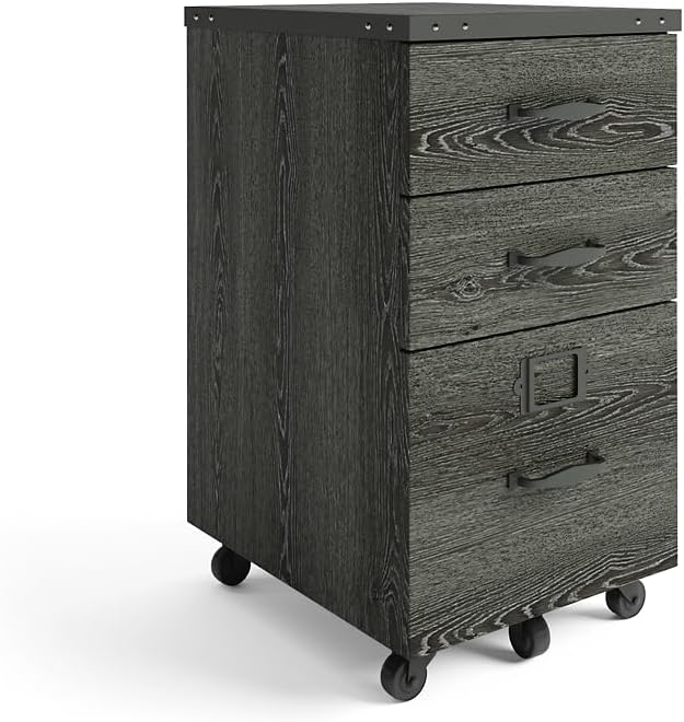 NBF Rivet 3 Drawer Mobile File Cabinet - Rolling Storage Pedestal with Locking File Drawer and Handles - Fully Finished Back for Modern Office Organization 16 W Weathered Oak
