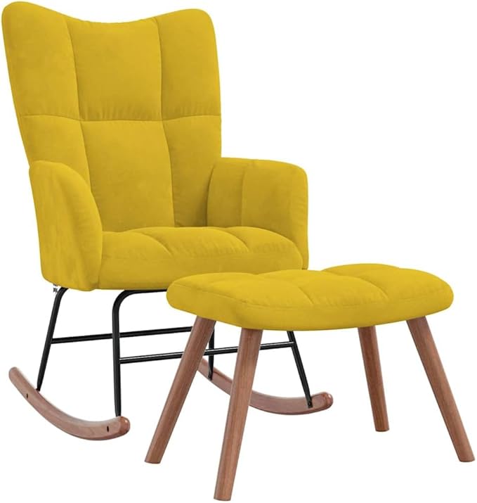 vidaXL Stylish Mustard Yellow Velvet Rocking Chair with Matching Stool Set - Comfortable Foam Padding Steel Frame and Wood Rocking Rails