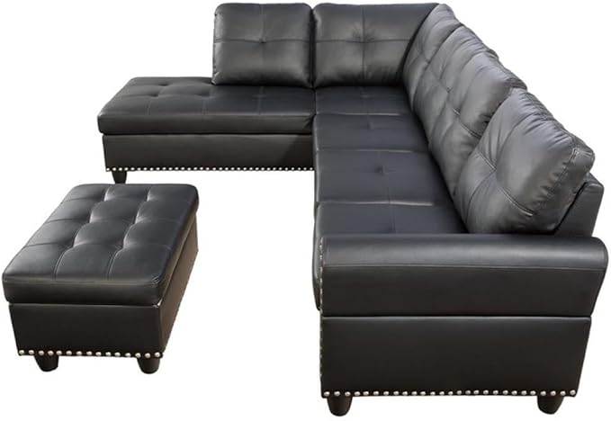 Devion Furniture Transitional PU Faux Leather Sectional Sofa with Lift-top Storage Ottoman for Living Room in Black Finish