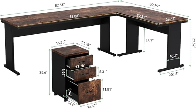 LITTLE TREE 83 Inch L-Shaped Office Desk with Drawers Large Executive Office Desk with Storage Wooden Computer Desk with File Cabinet Modern Work Desk for Home Office Brown