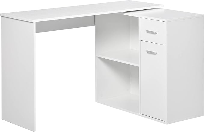 L Shaped Computer Desk 180° Rotating Corner Desk with Storage Shelves Drawer and Cabinet Study Workstation for Home Office White