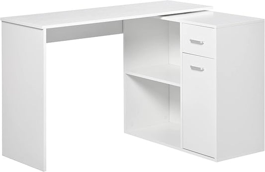 L Shaped Computer Desk 180° Rotating Corner Desk with Storage Shelves Drawer and Cabinet Study Workstation for Home Office White