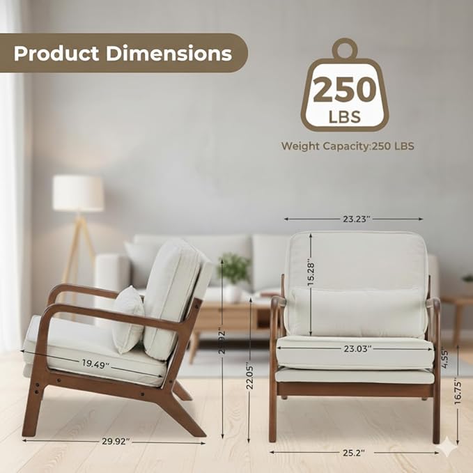 Simple Deluxe Mid-Century Modern Wood Accent Chair &amp Cozy Reading Chair Upholstered Living Room Chair with Waist Cushion Solid Wood Chair with Pillow for Bedroom Beige
